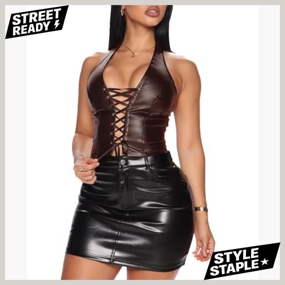 Women's Halter PU Leather Crop Top Lace Up Bandage Criss Cross Camisole - Picture 2 of 4